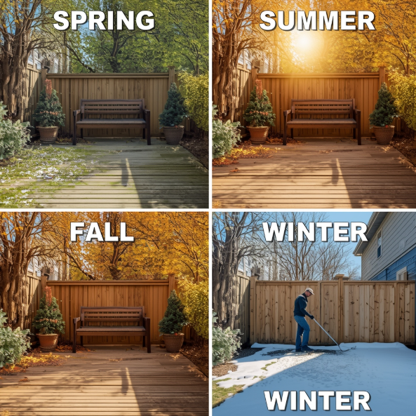 Seasonal fence and deck maintenance comparison showing the same backyard deck and wooden fence in spring, summer, fall, and winter with cleaning, sun protection, leaf removal, and snow clearing.