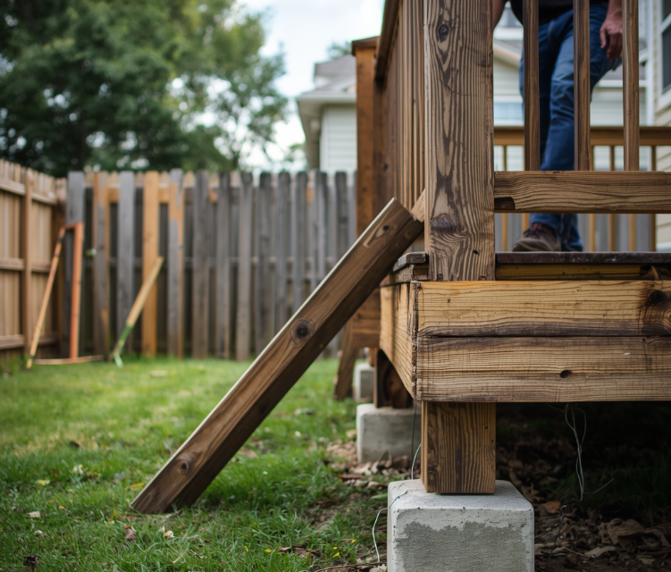Leaning wooden deck post with aging support footing showing structural damage in the backyard deck