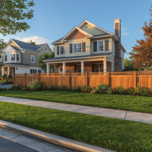 Custom wooden privacy fence installed around a beautiful suburban home in Virginia to enhance curb appeal, security, and property value